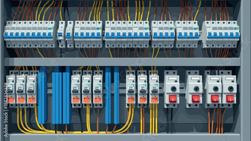 3d electrical circuit breaker panel with colorful wiring and safety switches