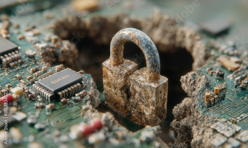 Rusty broken padlock on damaged circuit board with cracked pathways symbolizing cyber security vulnerability and infrastructure sabotage risk concept
