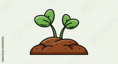 Young seedlings growing in rich brown soil with green leaves and stems in a simple illustration style