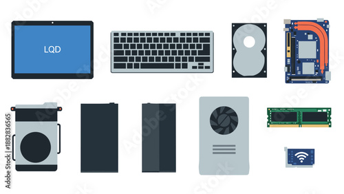 Computer hardware components: ram, cpu, hard drive, graphics card, and more in flat design