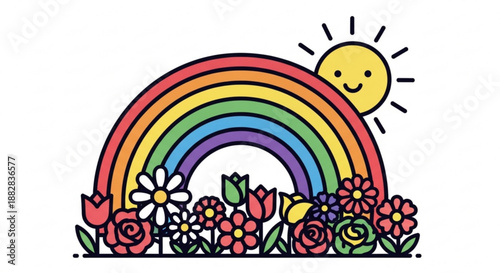 Colorful rainbow and smiling sun with vibrant flowers illustration happy weather positive emotions and nature's beauty