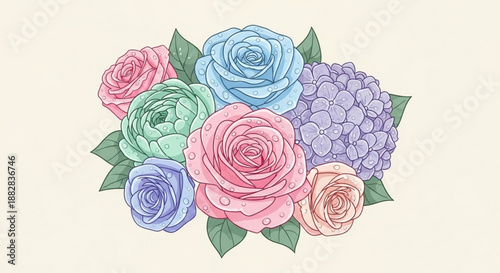 Colorful bouquet of roses and hydrangea flowers in pastel shades on cream background
