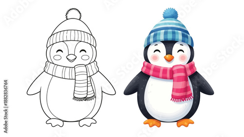 a charming illustration depicts two adorable penguins one in black and white the other in colorful winter attire