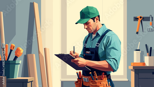 Carpenter in workshop with tools, wearing cap and apron, writing on clipboard, geometric art style