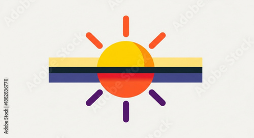 Vibrant sunrise symbol with colorful rays on a striped background representing energy and warmth in a stylized graphic design