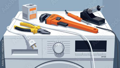 Home appliance repair tools on washing machine in a modern garage