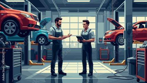 Professional auto mechanics discussing repairs in modern garage