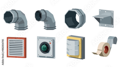 Isometric industrial hvac ductwork and ventilation components set