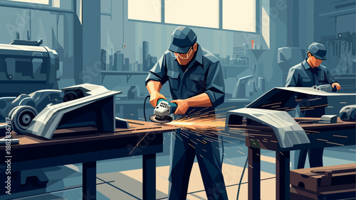 Industrial workshop scene with workers using tools in a sunlit factory