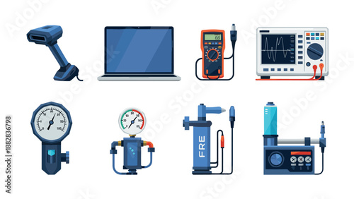 Modern tech gadgets and instruments: laptop, multimeter, oscilloscope, and more