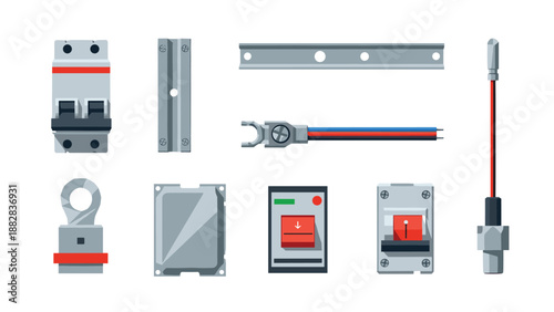 Electrical components set with flat icon design for industrial use