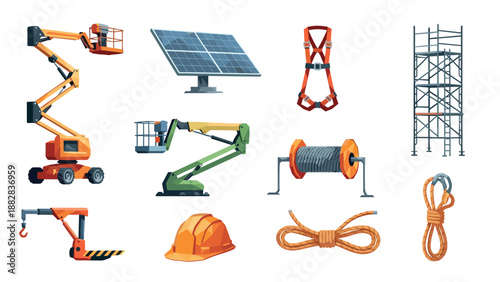 Construction and safety equipment icons featuring cranes, scaffolding, and solar panel in flat style