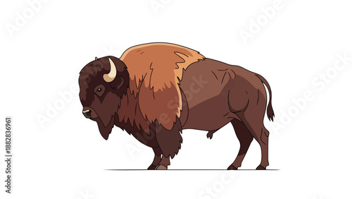 A captivating illustration of a robust American bison standing proudly against a pristine white backdrop, showcasing its majestic form with