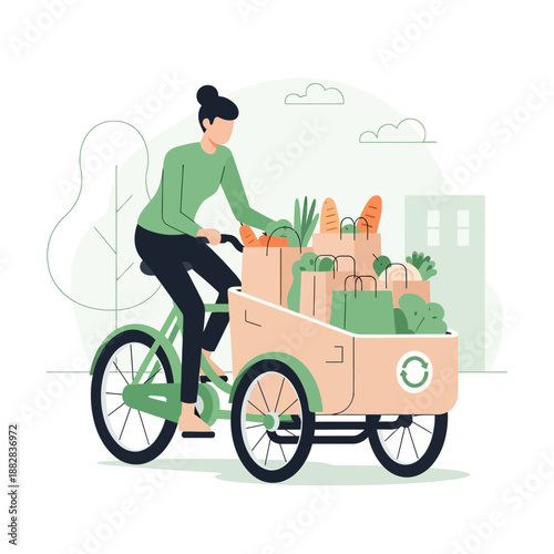Eco-Friendly Delivery: Woman Cycling With Groceries in a Sustainable Transportation Method