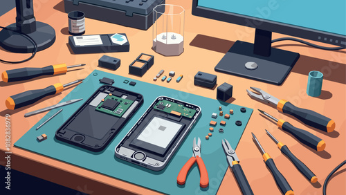 Electronics repair: disassembled smartphone and tools on workbench in flat design
