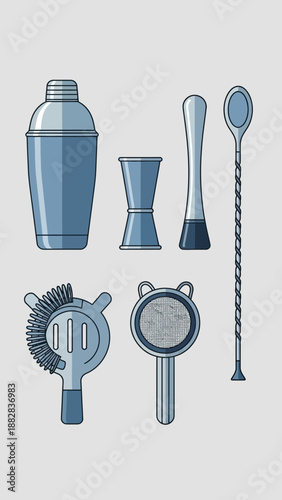 Elegant Bar Tool Collection: Modern Illustration of Cocktail Shaker and Accessories