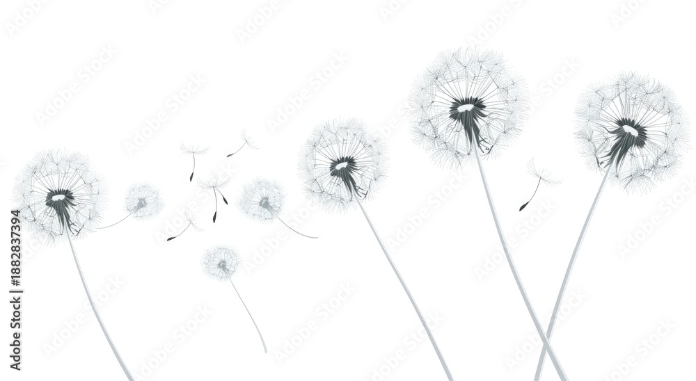 Obraz premium Airy image of dandelion seed heads against a white background with floating seeds