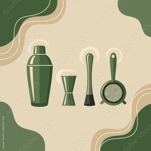 Elegant Bar Tools Illustration: Cocktail Shaker, Jigger, Muddler, and Strainer on Beige Background