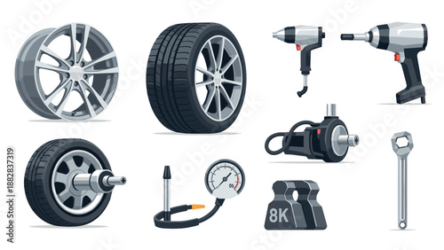 Automotive tools and equipment in modern design featuring wheels and repair tools