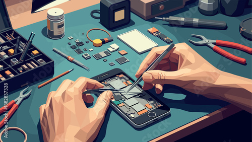 Technician repairing smartphone on workbench with tools and components in low polygon art style