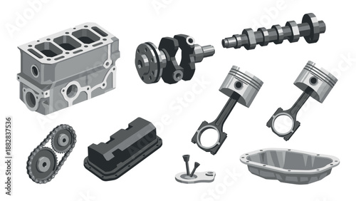 Isometric engine components set: pistons, crankshaft, chain, and gasket details