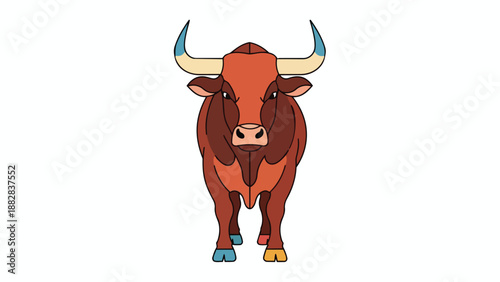 Stylized Bull Illustration with Blue-Tipped Horns and Colorful Hooves