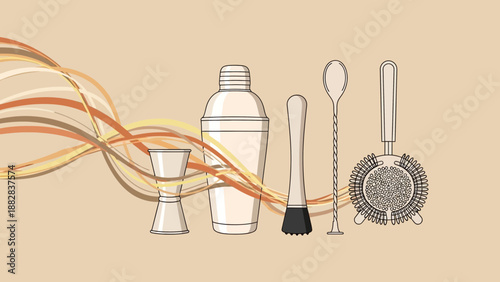Elegant Bar Tools Illustration with Abstract Wavy Elements in Soft Tones and Clean Lines