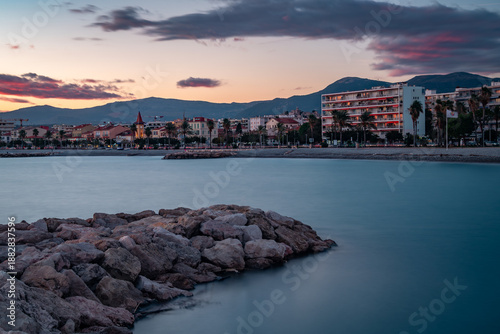 Romantic evening view of the French Riviera coastline from the Port of Cros-de-Cagnes.