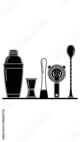 Elegant Bar Tools Silhouette: Cocktail Shaker, Jigger, Muddler, Strainer, And Spoon Illustration