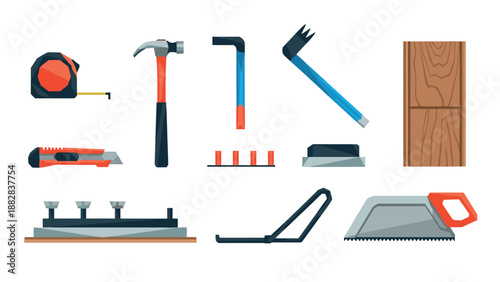 Essential carpentry tools set in modern flat style design for diy projects