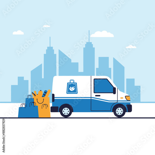 Efficient Urban Delivery Van With Smiling Bag Character In Town