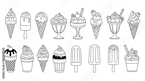 a detailed black and white illustration showcasing various types of ice cream cones sundaes and popsicles in a