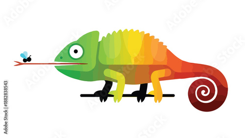Vibrant gradient chameleon captures a fly with its sticky tongue, a charming graphic illustration. This playful animal moment is vividly depicted.