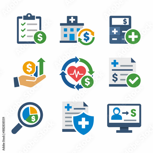 Healthcare financial management icons: medical billing, cost analysis, revenue cycle