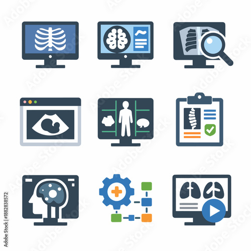 Medical imaging icons for radiology and diagnostics on monitors