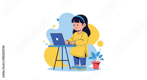Young girl with dark hair and a blue headband standing and using a laptop computer on a small tripod table in a modern flat illustration style.