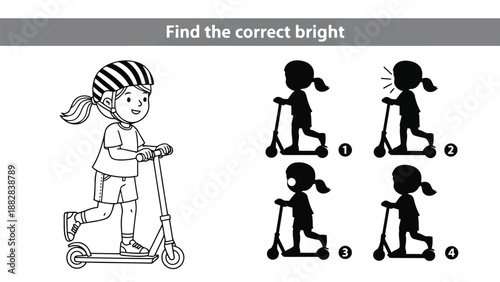 a black and white illustration showing a girl on a scooter and matching shadow puzzles for children s