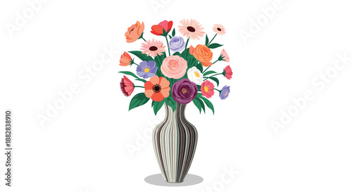 Elegant bouquet of various colorful flowers including roses and anemones arranged in a stylish striped ceramic vase for home decoration.