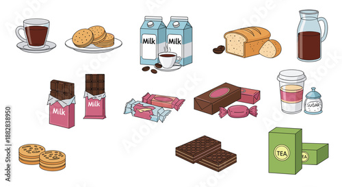 Extensive selection of breakfast food items like cookies, chocolate bars, milk, tea, coffee, and fresh bread for a full meal.