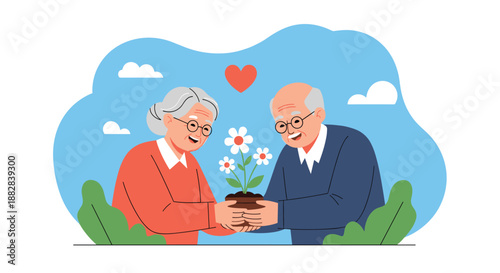 Loving elderly husband and wife gardening together while holding a potted white flower against a pleasant blue sky background.