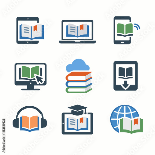 Digital reading icons: tablets, laptops, smartphones, ebooks, and online education