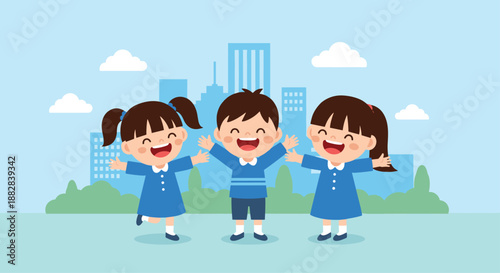 Three cheerful children wearing blue school uniforms jumping with joy in a city park with tall buildings in the background.