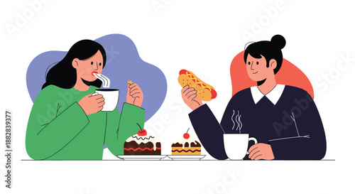 Two friends enjoying a meal together at a table featuring hot dogs, chocolate cakes with cherries, and hot cups of coffee.