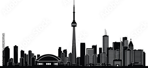 Detailed Toronto skyline silhouette featuring CN Tower and Rogers Centre, urban Canada cityscape panorama for travel, business, and architecture design projects.