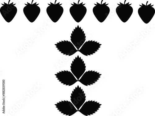 Black strawberry silhouettes with serrated leaf icons isolated on white background, minimalist fruit botanical graphics for organic food design projects.