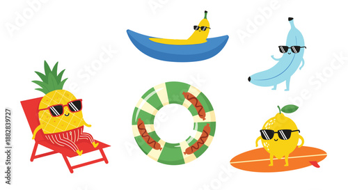Collection of cute summer fruit characters including pineapple, banana, and lemon enjoying beach activities like surfing and sunbathing.
