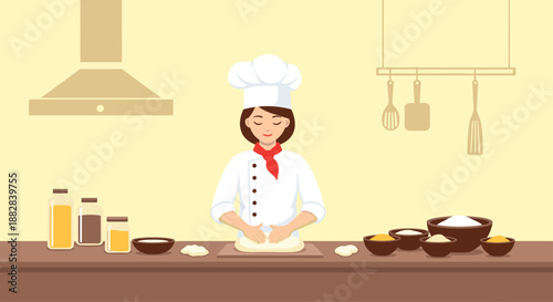 Professional female chef in uniform and hat carefully kneads bread dough on a kitchen counter surrounded by baking ingredients and tools.