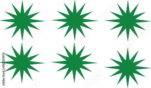 Green starburst vector icon set, sharp geometric sunburst shapes for sales badges, decorative star elements for graphic design and labels