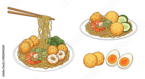 Selection of appetizing noodle dishes served with savory meatballs, shrimp, sliced boiled eggs, and fresh green vegetables.