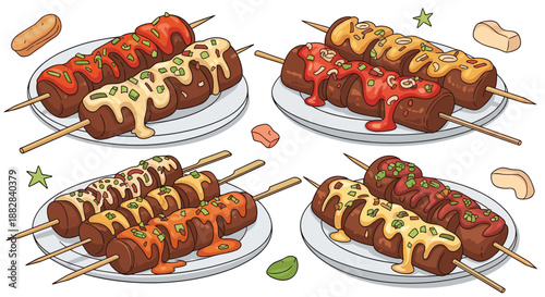 Assortment of savory grilled meat skewers topped with melted cheese, red sauce, and fresh herbs served on white plates.